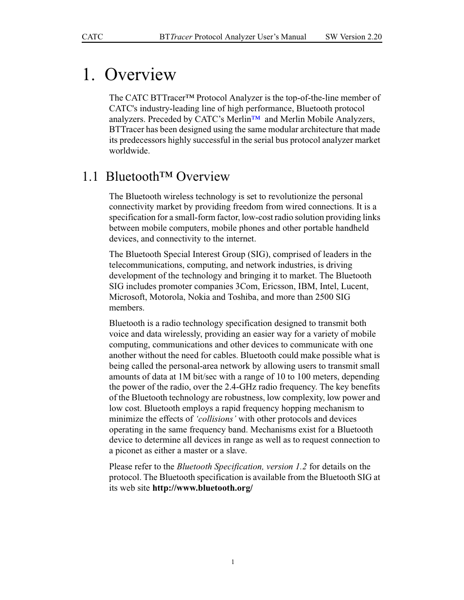 Overview, 1 bluetooth™ overview, Chapter 1 overview | Bluetooth™ overview | Teledyne LeCroy BTTracer_Trainer - BTTracer Users Manual User Manual | Page 11 / 197