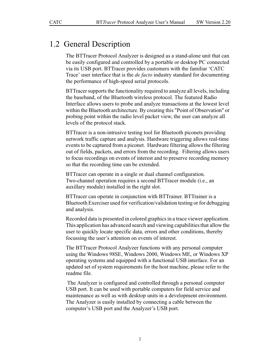 2 general description, General description | Teledyne LeCroy BTTracer_Trainer - BTTracer Users Manual User Manual | Page 12 / 197