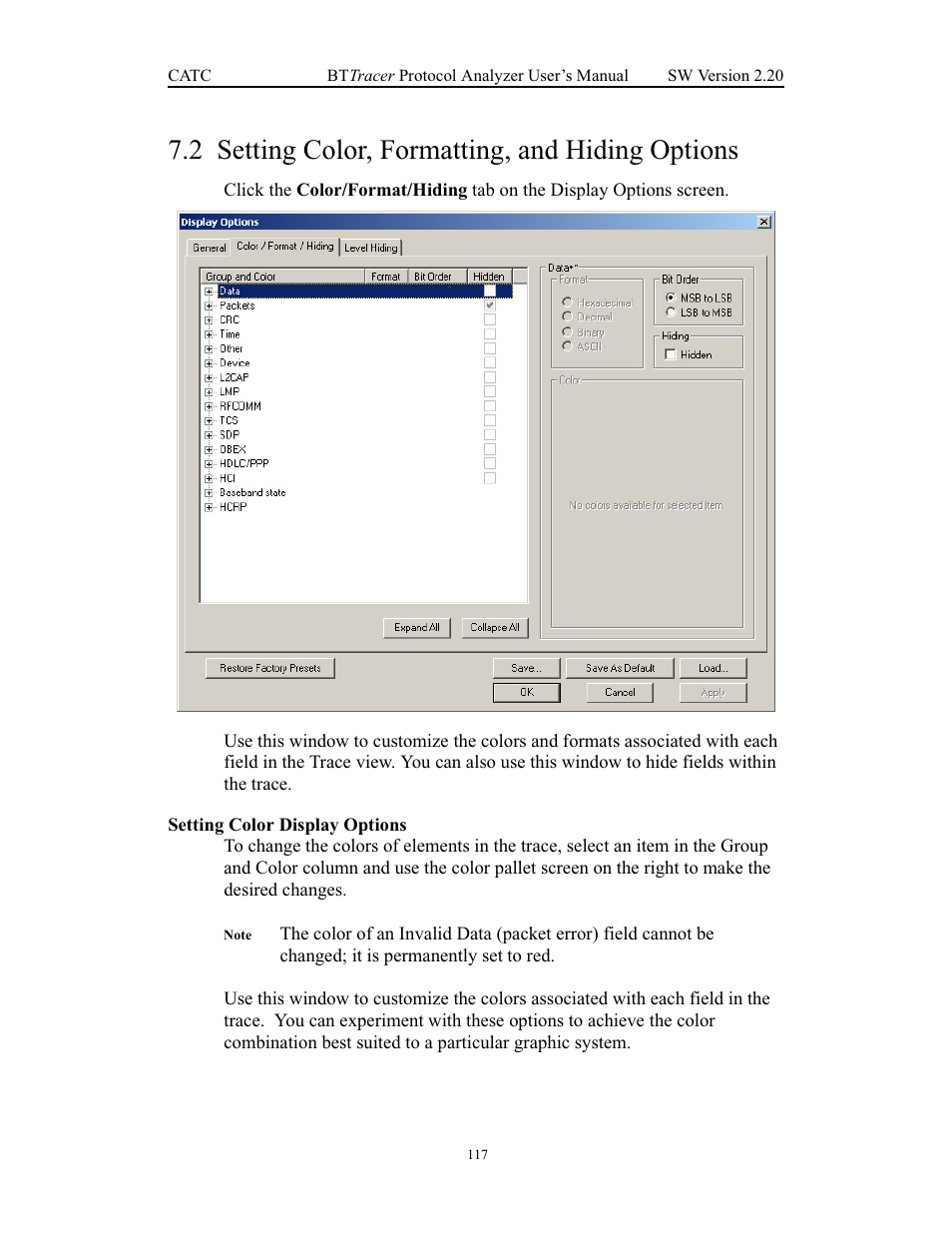2 setting color, formatting, and hiding options, Setting color display options, Setting color, formatting, and hiding options | Teledyne LeCroy BTTracer_Trainer - BTTracer Users Manual User Manual | Page 127 / 197