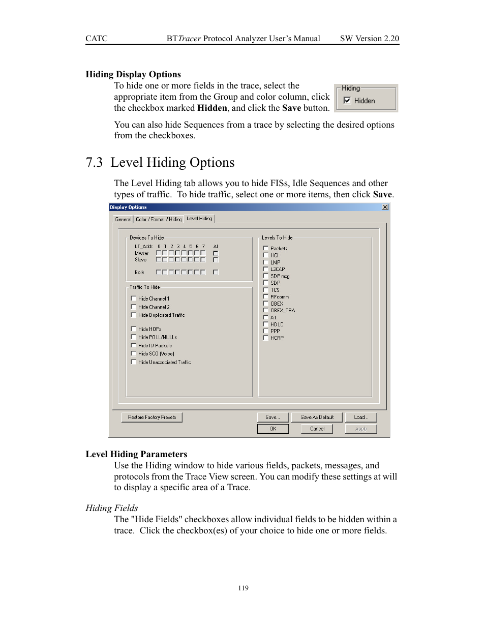 Hiding display options, 3 level hiding options, Level hiding parameters | Level hiding options | Teledyne LeCroy BTTracer_Trainer - BTTracer Users Manual User Manual | Page 129 / 197