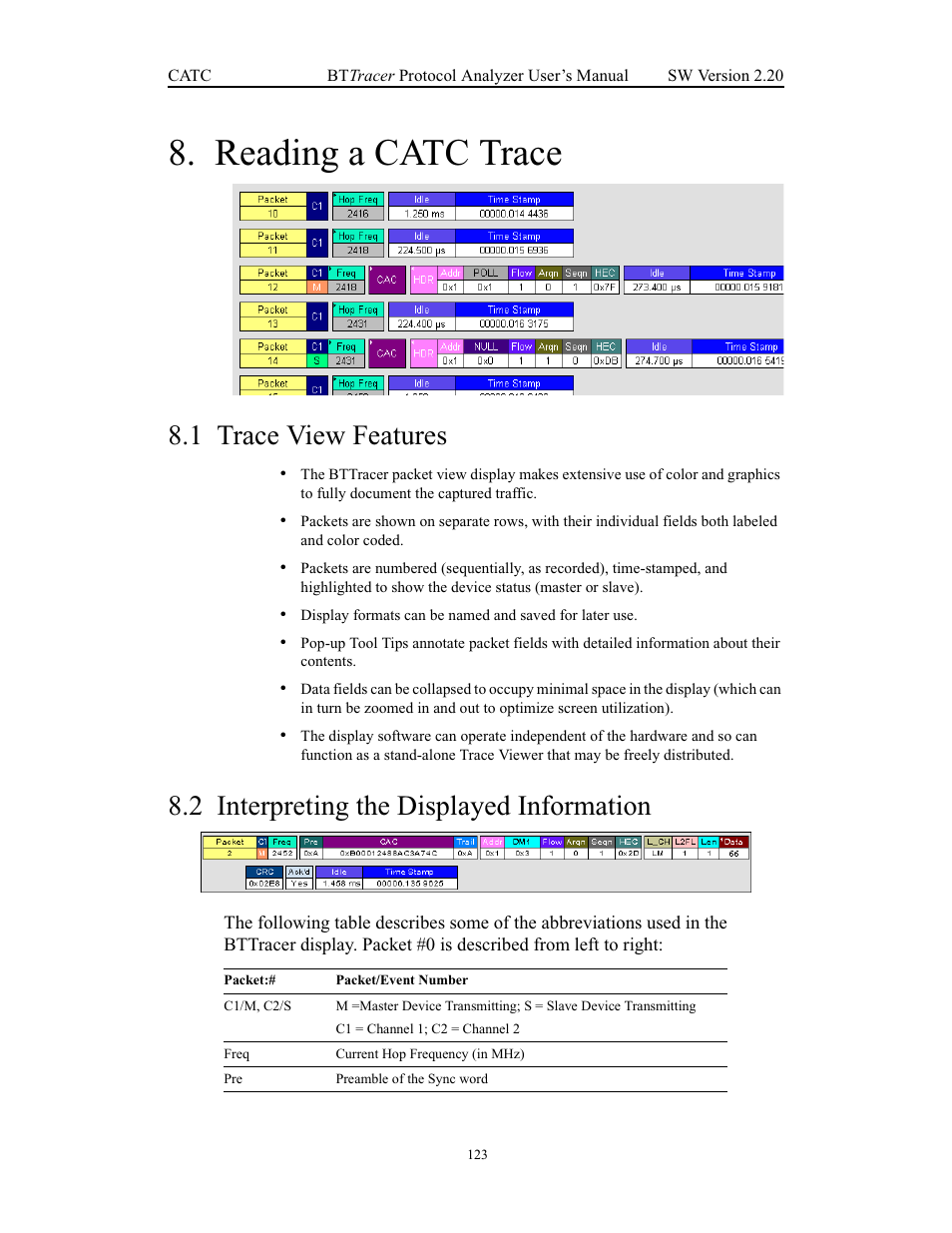 Reading a catc trace, 1 trace view features, 2 interpreting the displayed information | Chapter 8 reading a catc trace | Teledyne LeCroy BTTracer_Trainer - BTTracer Users Manual User Manual | Page 133 / 197