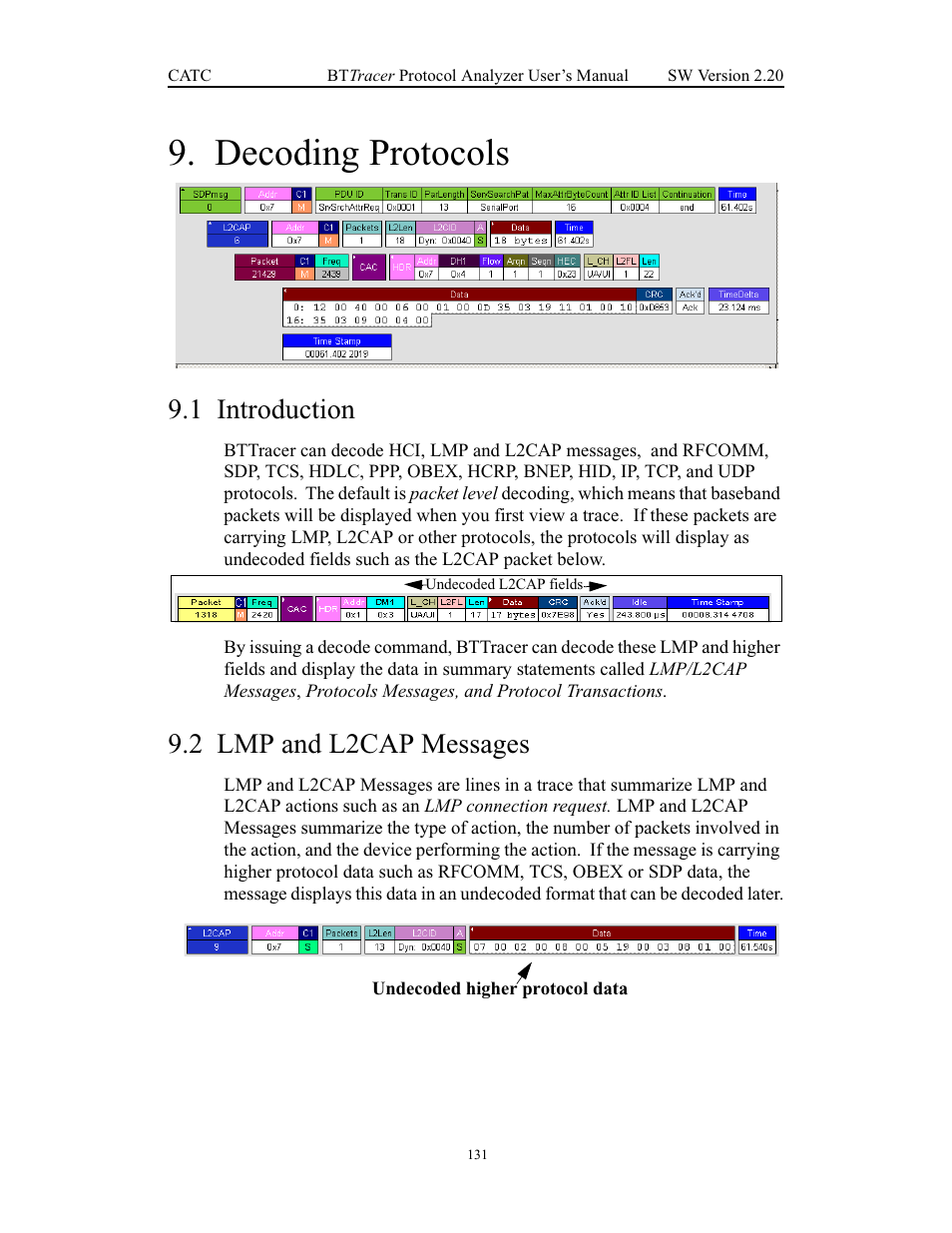 Decoding protocols, 1 introduction, 2 lmp and l2cap messages | Chapter 9 decoding protocols, Introduction lmp and l2cap messages | Teledyne LeCroy BTTracer_Trainer - BTTracer Users Manual User Manual | Page 141 / 197