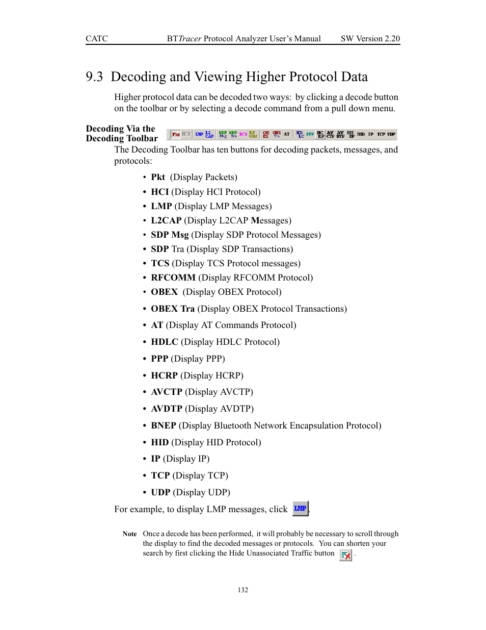 3 decoding and viewing higher protocol data, Decoding via the decoding toolbar, Decoding and viewing higher protocol data | Teledyne LeCroy BTTracer_Trainer - BTTracer Users Manual User Manual | Page 142 / 197