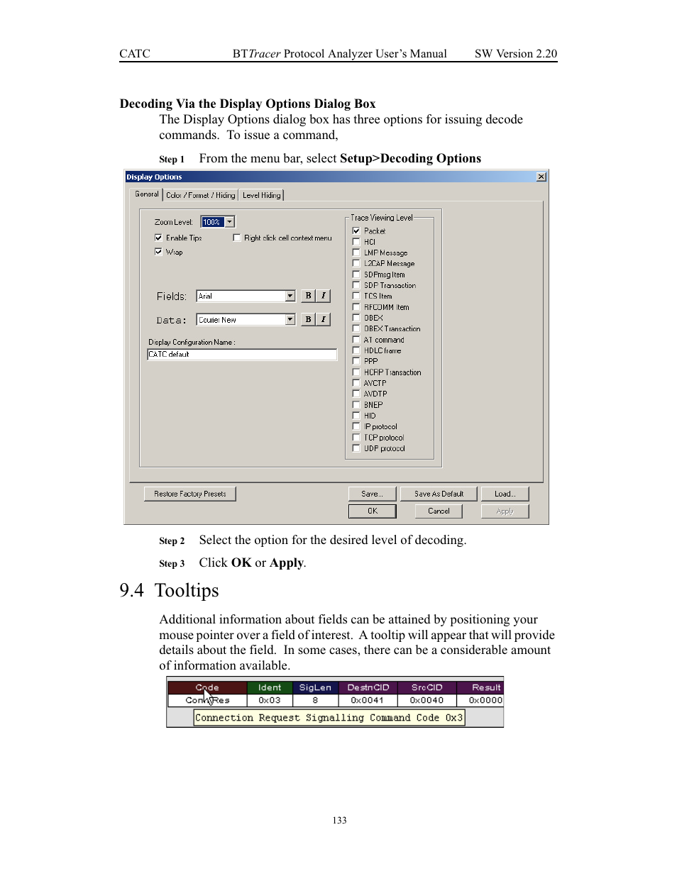 Decoding via the display options dialog box, 4 tooltips, Tooltips | Teledyne LeCroy BTTracer_Trainer - BTTracer Users Manual User Manual | Page 143 / 197