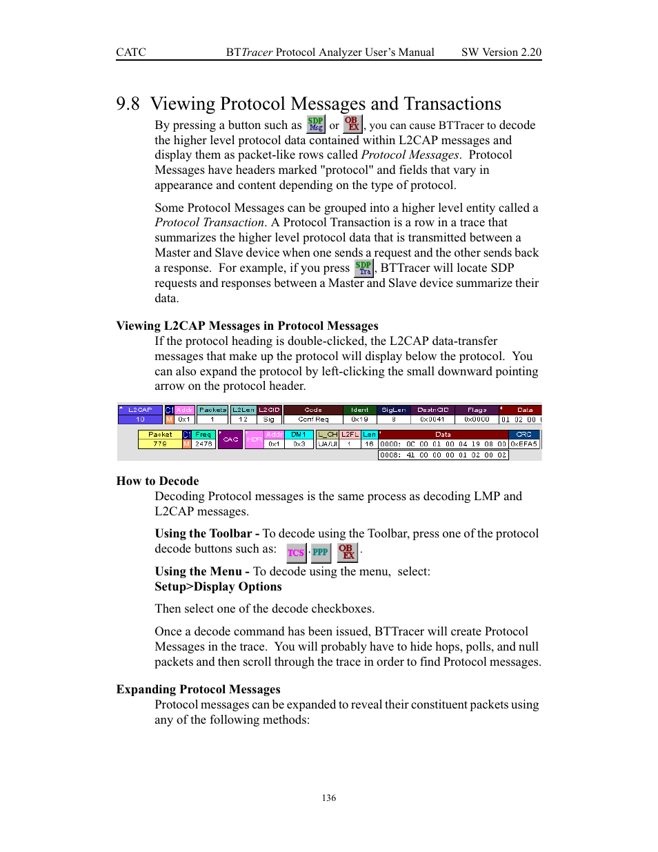 8 viewing protocol messages and transactions, Viewing l2cap messages in protocol messages, How to decode | Expanding protocol messages, Viewing protocol messages and transactions | Teledyne LeCroy BTTracer_Trainer - BTTracer Users Manual User Manual | Page 146 / 197