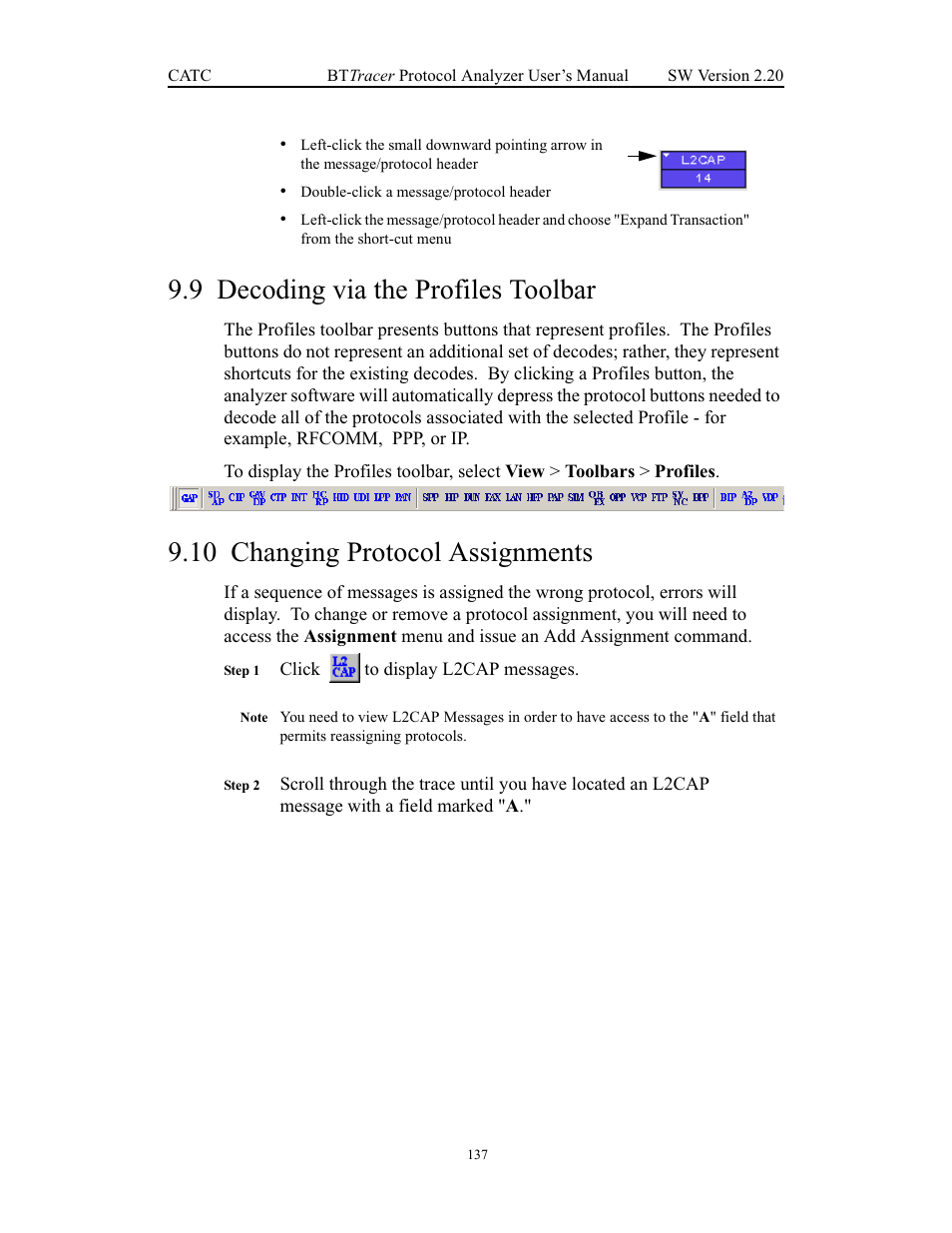 9 decoding via the profiles toolbar, 10 changing protocol assignments | Teledyne LeCroy BTTracer_Trainer - BTTracer Users Manual User Manual | Page 147 / 197