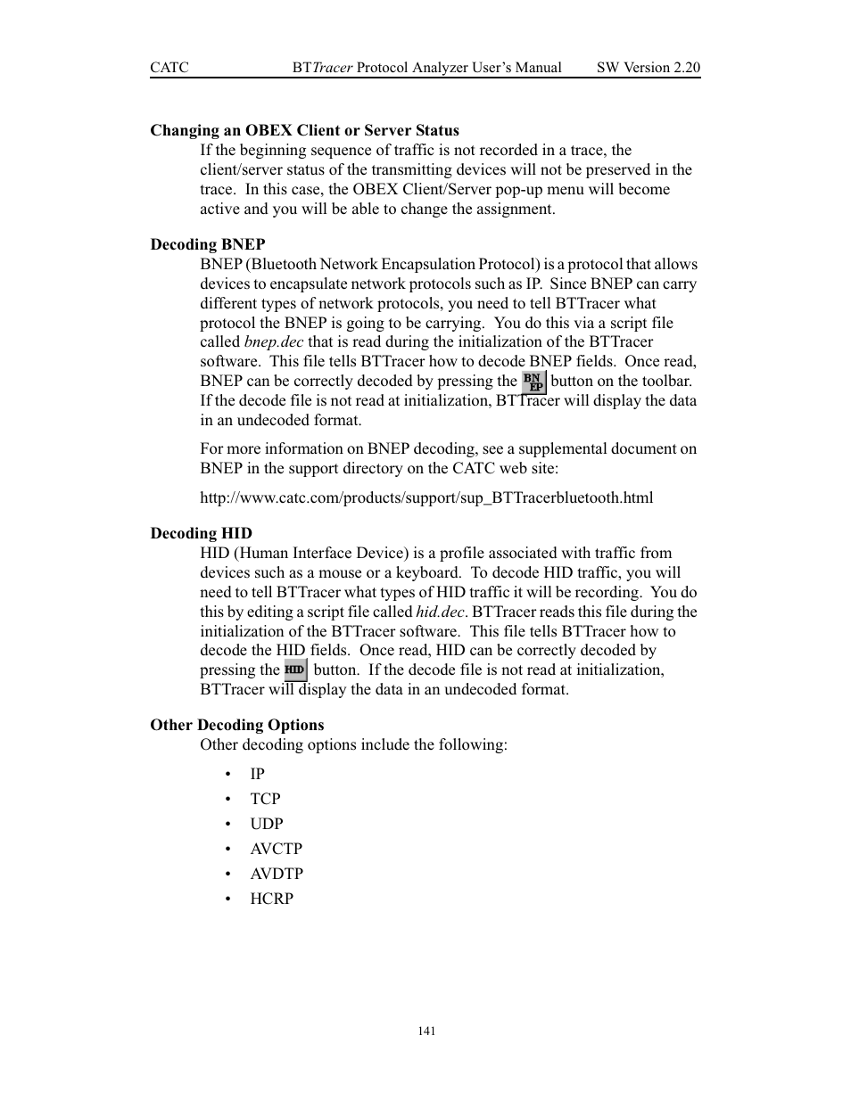 Changing an obex client or server status, Decoding bnep, Decoding hid | Other decoding options | Teledyne LeCroy BTTracer_Trainer - BTTracer Users Manual User Manual | Page 151 / 197