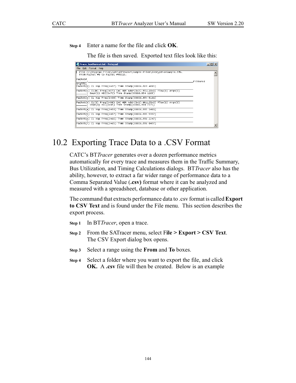 2 exporting trace data to a .csv format, Exporting trace data to a .csv format | Teledyne LeCroy BTTracer_Trainer - BTTracer Users Manual User Manual | Page 154 / 197