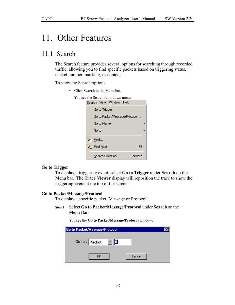 Other features, 1 search, Go to trigger | Go to packet/message/protocol, Chapter 11 other features, Search, Go to trigger go to packet/message/protocol | Teledyne LeCroy BTTracer_Trainer - BTTracer Users Manual User Manual | Page 157 / 197