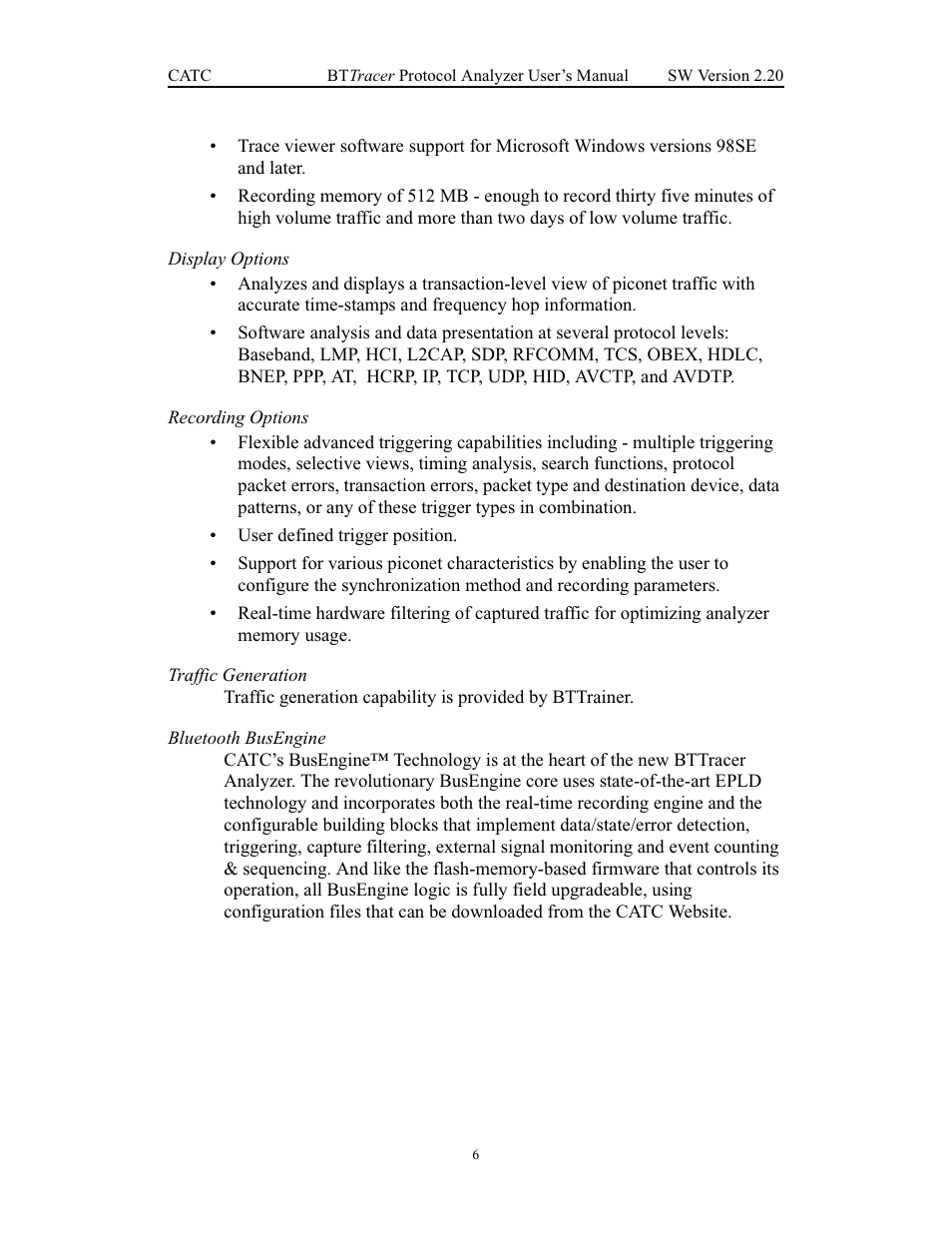 Display options, Recording options, Traffic generation | Bluetooth busengine | Teledyne LeCroy BTTracer_Trainer - BTTracer Users Manual User Manual | Page 16 / 197