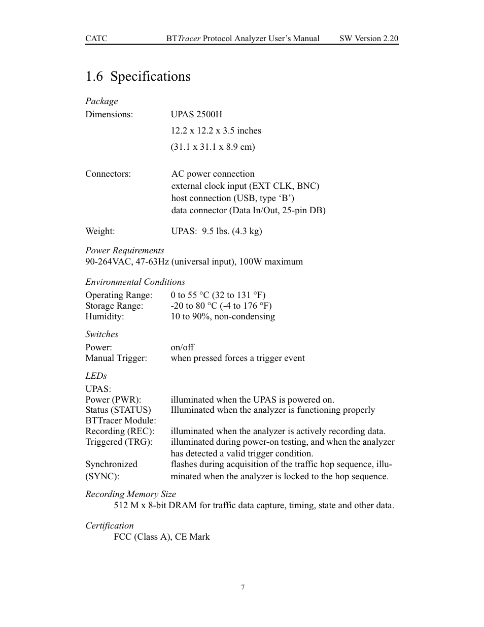 6 specifications, Package, Power requirements | Environmental conditions, Switches, Leds, Recording memory size, Certification, Specifications | Teledyne LeCroy BTTracer_Trainer - BTTracer Users Manual User Manual | Page 17 / 197