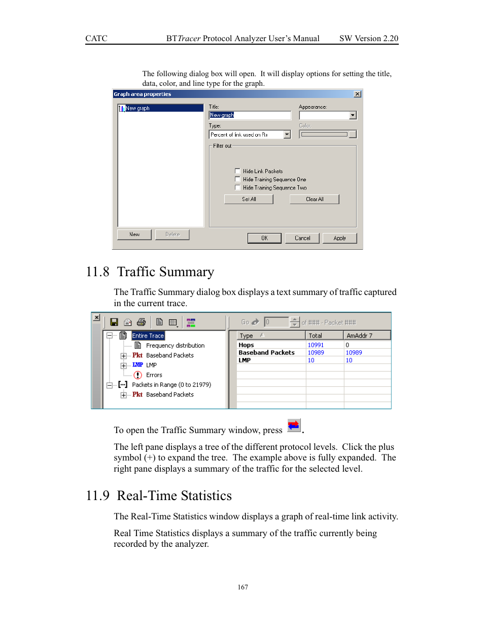 8 traffic summary, 9 real-time statistics, Traffic summary real-time statistics | Teledyne LeCroy BTTracer_Trainer - BTTracer Users Manual User Manual | Page 177 / 197