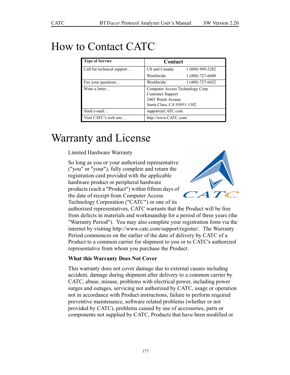 How to contact catc, Warranty and license, Chapter 12 how to contact catc | Chapter 13 warranty and license, How to contact catc warranty and license | Teledyne LeCroy BTTracer_Trainer - BTTracer Users Manual User Manual | Page 187 / 197