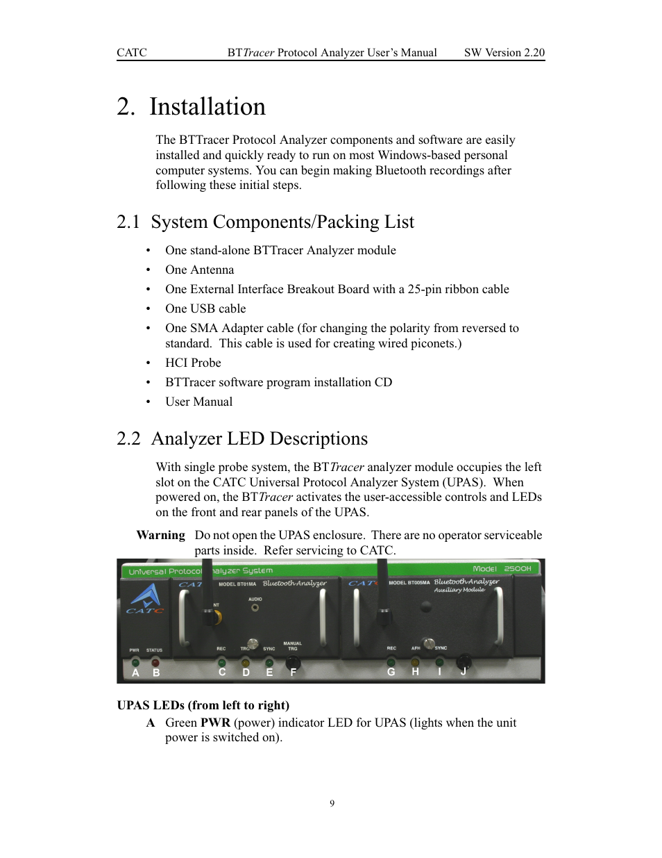 Installation, 1 system components/packing list, 2 analyzer led descriptions | Upas leds (from left to right), Chapter 2 installation | Teledyne LeCroy BTTracer_Trainer - BTTracer Users Manual User Manual | Page 19 / 197