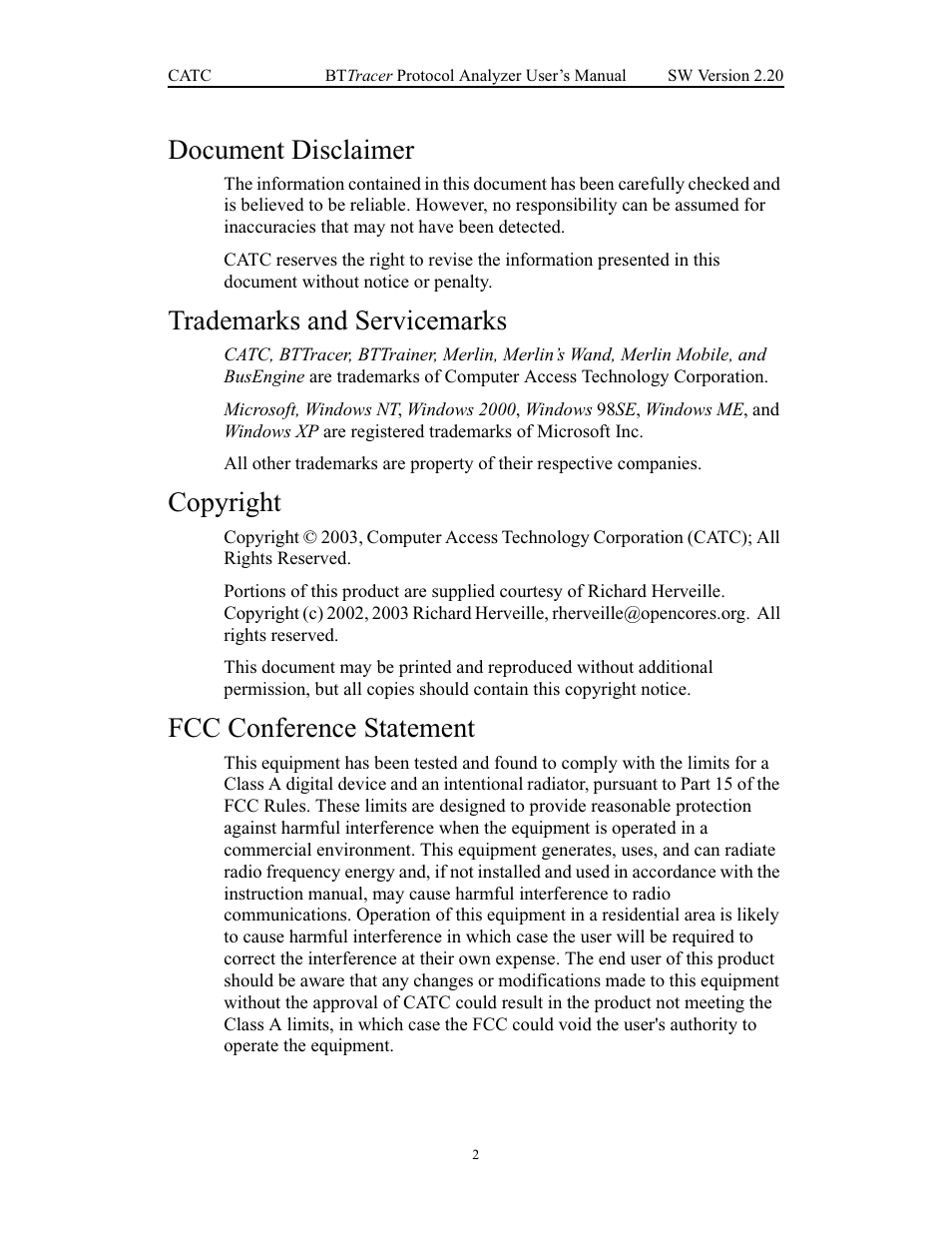 Document disclaimer, Trademarks and servicemarks, Copyright | Fcc conference statement | Teledyne LeCroy BTTracer_Trainer - BTTracer Users Manual User Manual | Page 2 / 197
