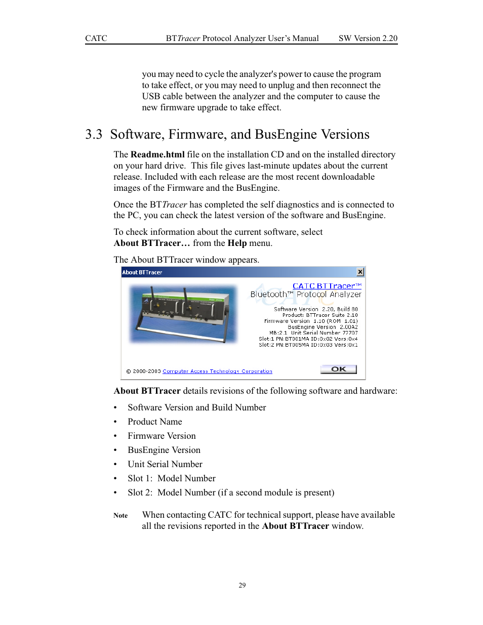 3 software, firmware, and busengine versions, Software, firmware, and busengine versions | Teledyne LeCroy BTTracer_Trainer - BTTracer Users Manual User Manual | Page 39 / 197