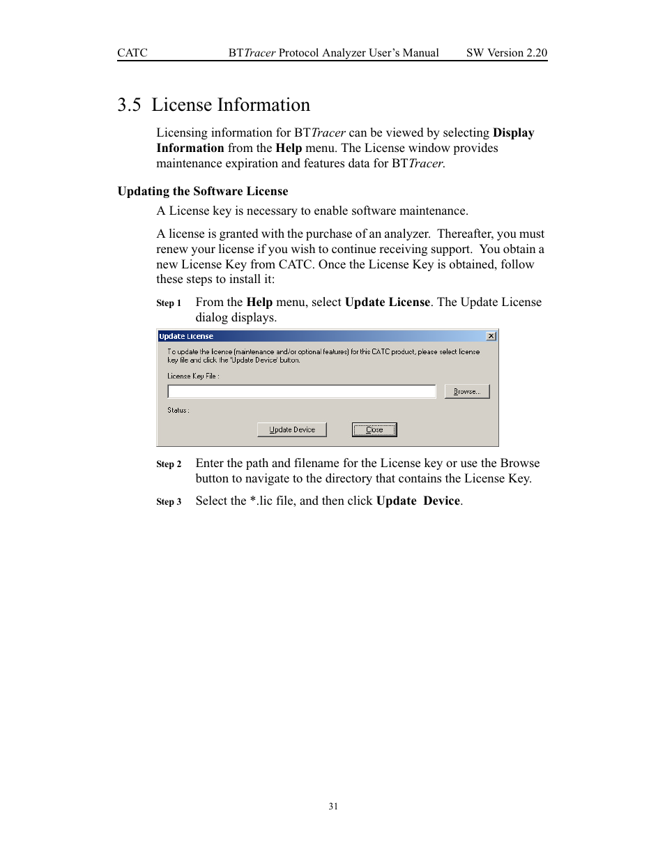 5 license information, Updating the software license, License information | Teledyne LeCroy BTTracer_Trainer - BTTracer Users Manual User Manual | Page 41 / 197