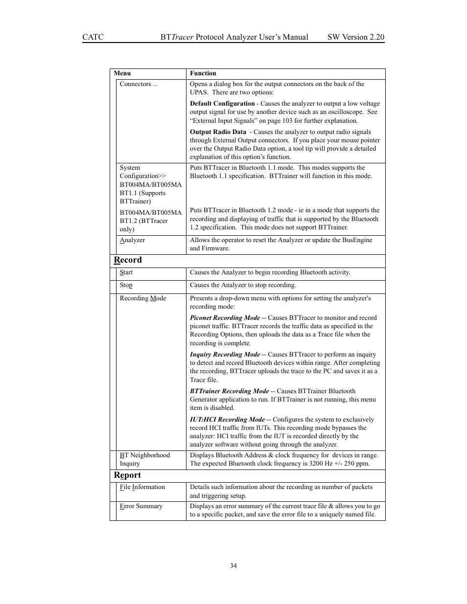 Record, Report | Teledyne LeCroy BTTracer_Trainer - BTTracer Users Manual User Manual | Page 44 / 197