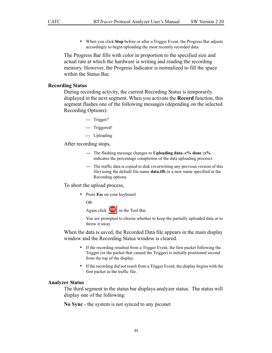 Recording status, Analyzer status, Recording status analyzer status | Teledyne LeCroy BTTracer_Trainer - BTTracer Users Manual User Manual | Page 54 / 197