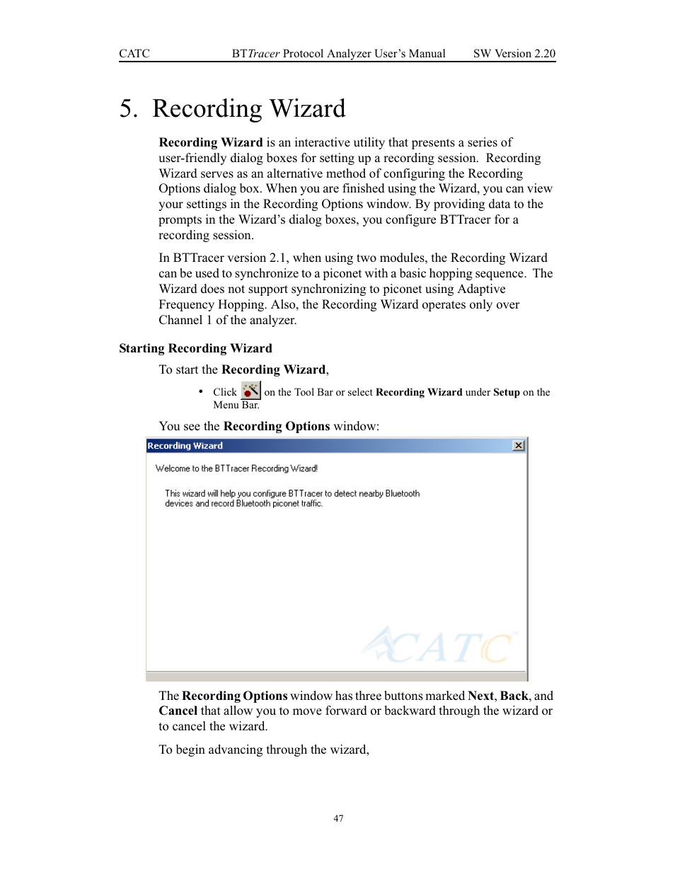 Recording wizard, Starting recording wizard, Chapter 5 recording wizard | Teledyne LeCroy BTTracer_Trainer - BTTracer Users Manual User Manual | Page 57 / 197