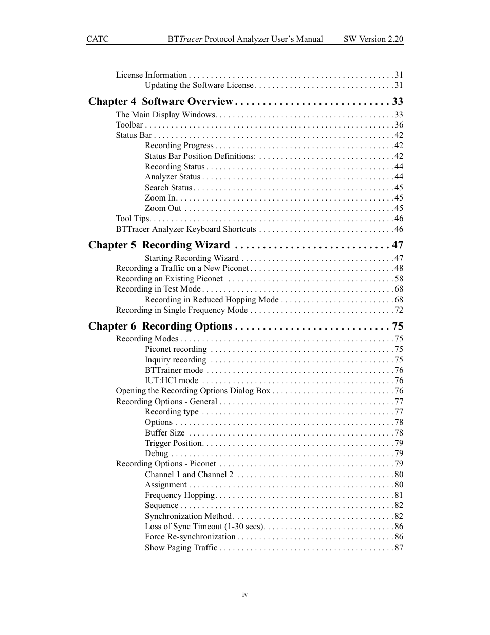 Chapter 4 software overview, Chapter 5 recording wizard, Chapter 6 recording options | Teledyne LeCroy BTTracer_Trainer - BTTracer Users Manual User Manual | Page 6 / 197