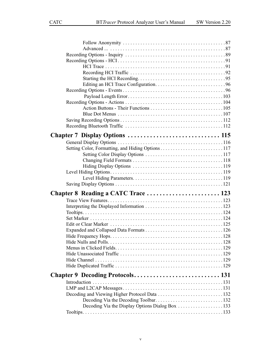 Chapter 7 display options, Chapter 8 reading a catc trace, Chapter 9 decoding protocols | Teledyne LeCroy BTTracer_Trainer - BTTracer Users Manual User Manual | Page 7 / 197