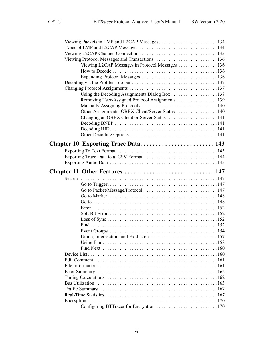 Chapter 10 exporting trace data, Chapter 11 other features | Teledyne LeCroy BTTracer_Trainer - BTTracer Users Manual User Manual | Page 8 / 197