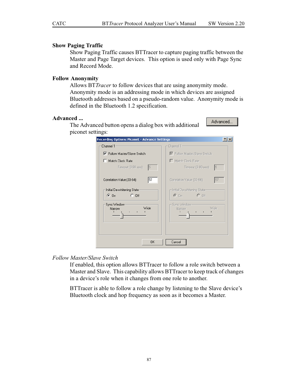 Show paging traffic, Follow anonymity, Advanced | Follow anonymity advanced | Teledyne LeCroy BTTracer_Trainer - BTTracer Users Manual User Manual | Page 97 / 197