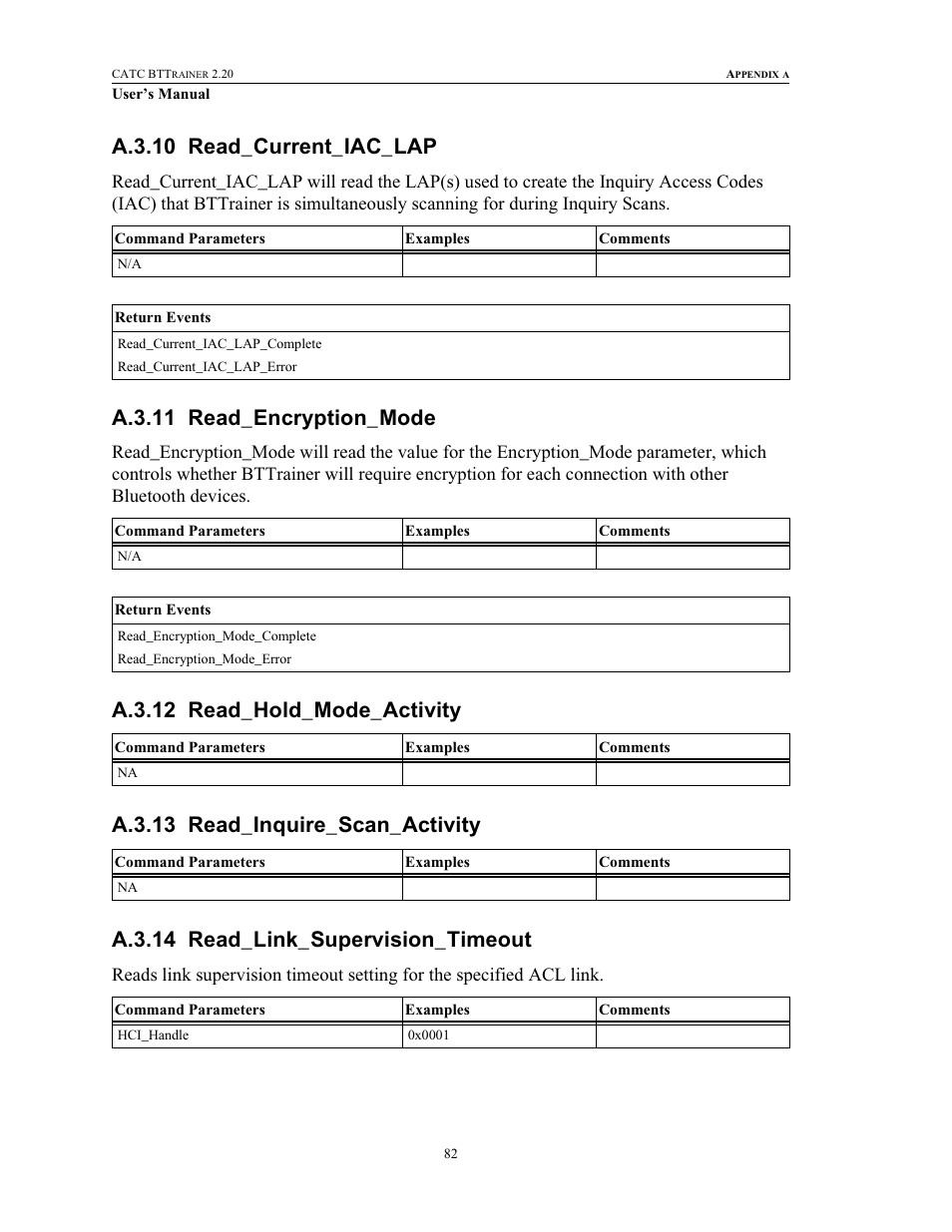 A.3.10 read_current_iac_lap, A.3.11 read_encryption_mode, A.3.12 read_hold_mode_activity | A.3.13 read_inquire_scan_activity, A.3.14 read_link_supervision_timeout | Teledyne LeCroy BTTracer_Trainer - BTTrainer Users Manual User Manual | Page 100 / 336