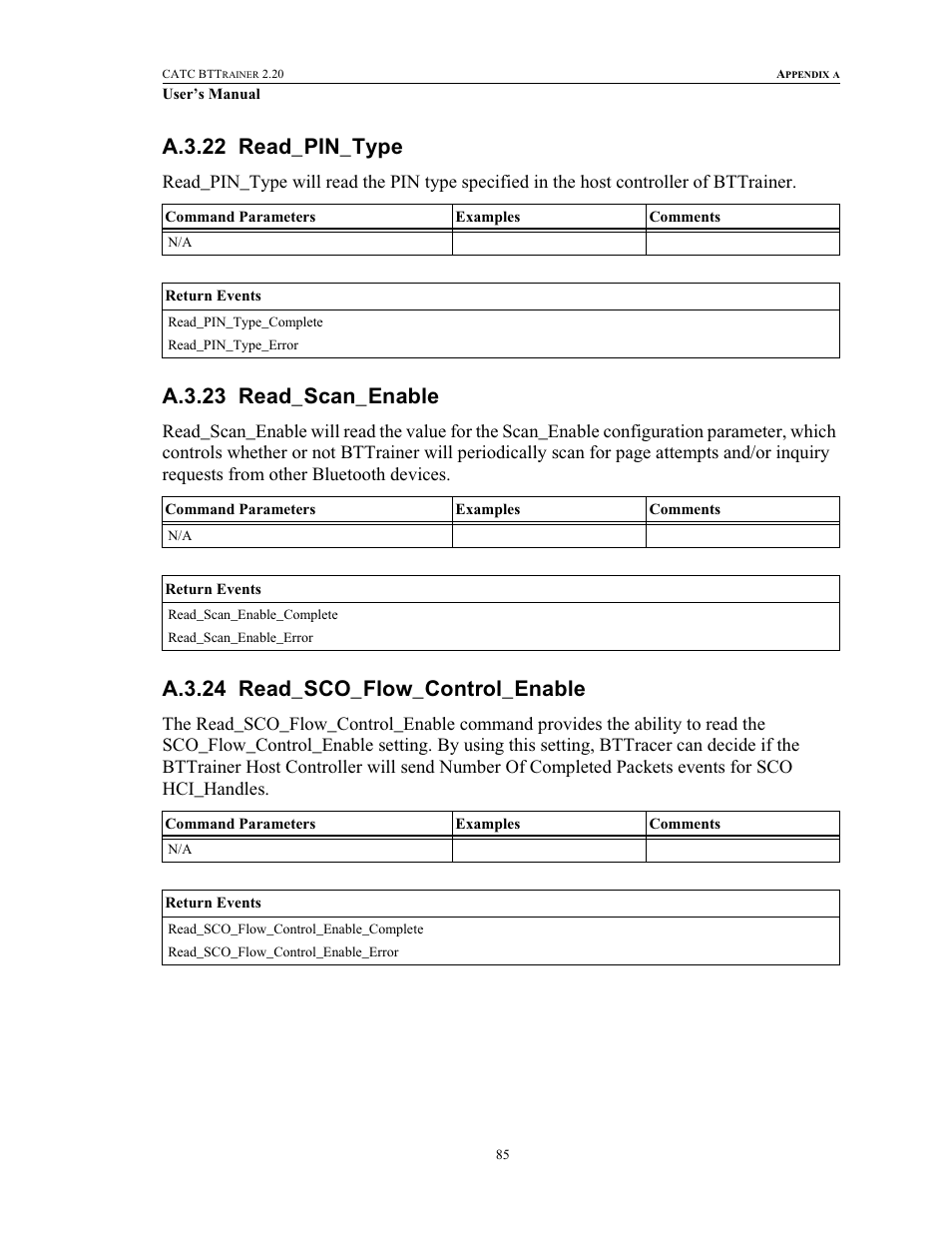 A.3.22 read_pin_type, A.3.23 read_scan_enable, A.3.24 read_sco_flow_control_enable | Teledyne LeCroy BTTracer_Trainer - BTTrainer Users Manual User Manual | Page 103 / 336