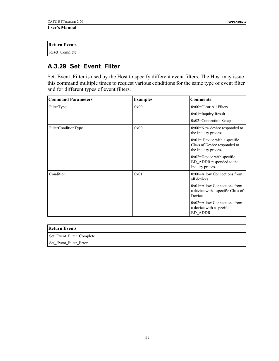 A.3.29 set_event_filter, Set_event_filter | Teledyne LeCroy BTTracer_Trainer - BTTrainer Users Manual User Manual | Page 105 / 336