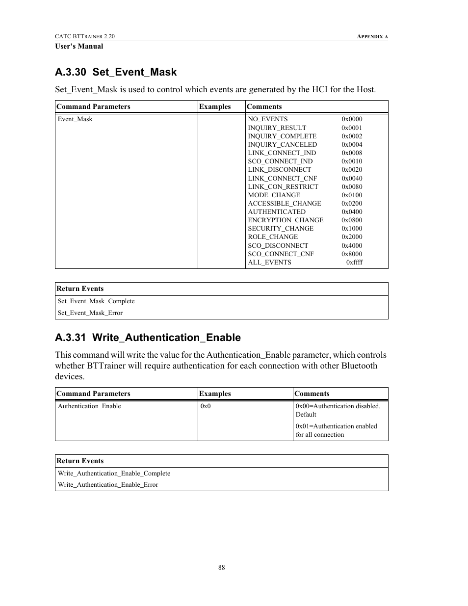 A.3.30 set_event_mask, A.3.31 write_authentication_enable, Set_event_mask write_authentication_enable | Teledyne LeCroy BTTracer_Trainer - BTTrainer Users Manual User Manual | Page 106 / 336