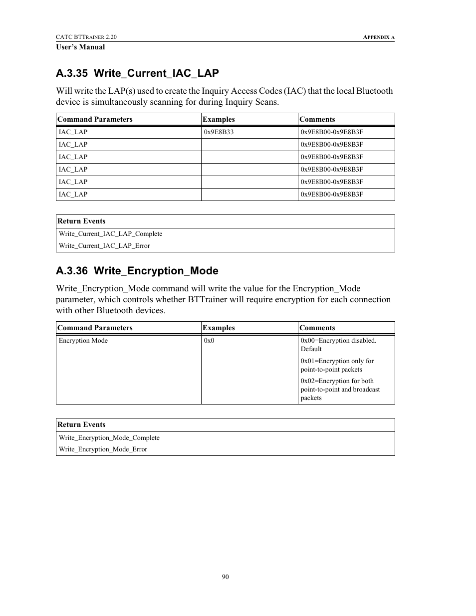A.3.35 write_current_iac_lap, A.3.36 write_encryption_mode, Write_current_iac_lap write_encryption_mode | Teledyne LeCroy BTTracer_Trainer - BTTrainer Users Manual User Manual | Page 108 / 336
