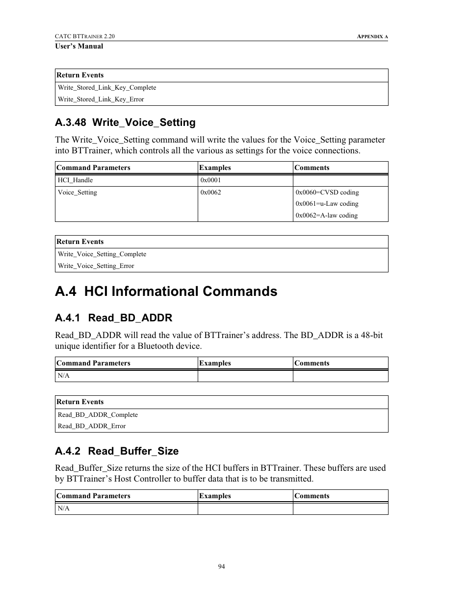 A.3.48 write_voice_setting, A.4 hci informational commands, A.4.1 read_bd_addr | A.4.2 read_buffer_size, Write_voice_setting, Hci informational commands, Read_bd_addr read_buffer_size | Teledyne LeCroy BTTracer_Trainer - BTTrainer Users Manual User Manual | Page 112 / 336