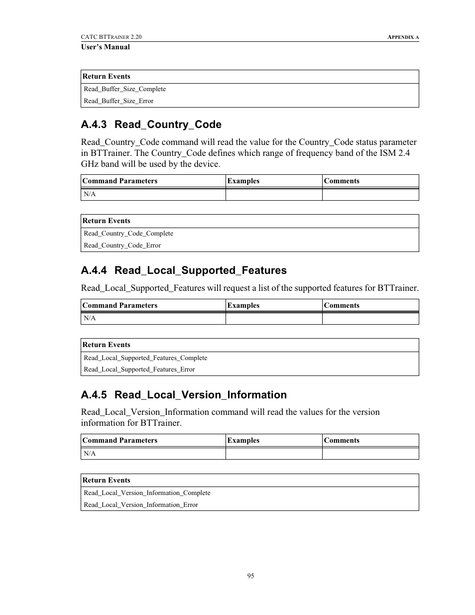 A.4.3 read_country_code, A.4.4 read_local_supported_features, A.4.5 read_local_version_information | Teledyne LeCroy BTTracer_Trainer - BTTrainer Users Manual User Manual | Page 113 / 336