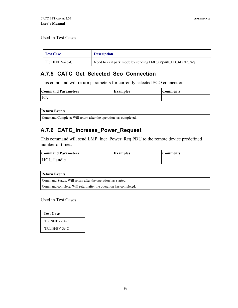 A.7.5 catc_get_selected_sco_connection, A.7.6 catc_increase_power_request | Teledyne LeCroy BTTracer_Trainer - BTTrainer Users Manual User Manual | Page 117 / 336