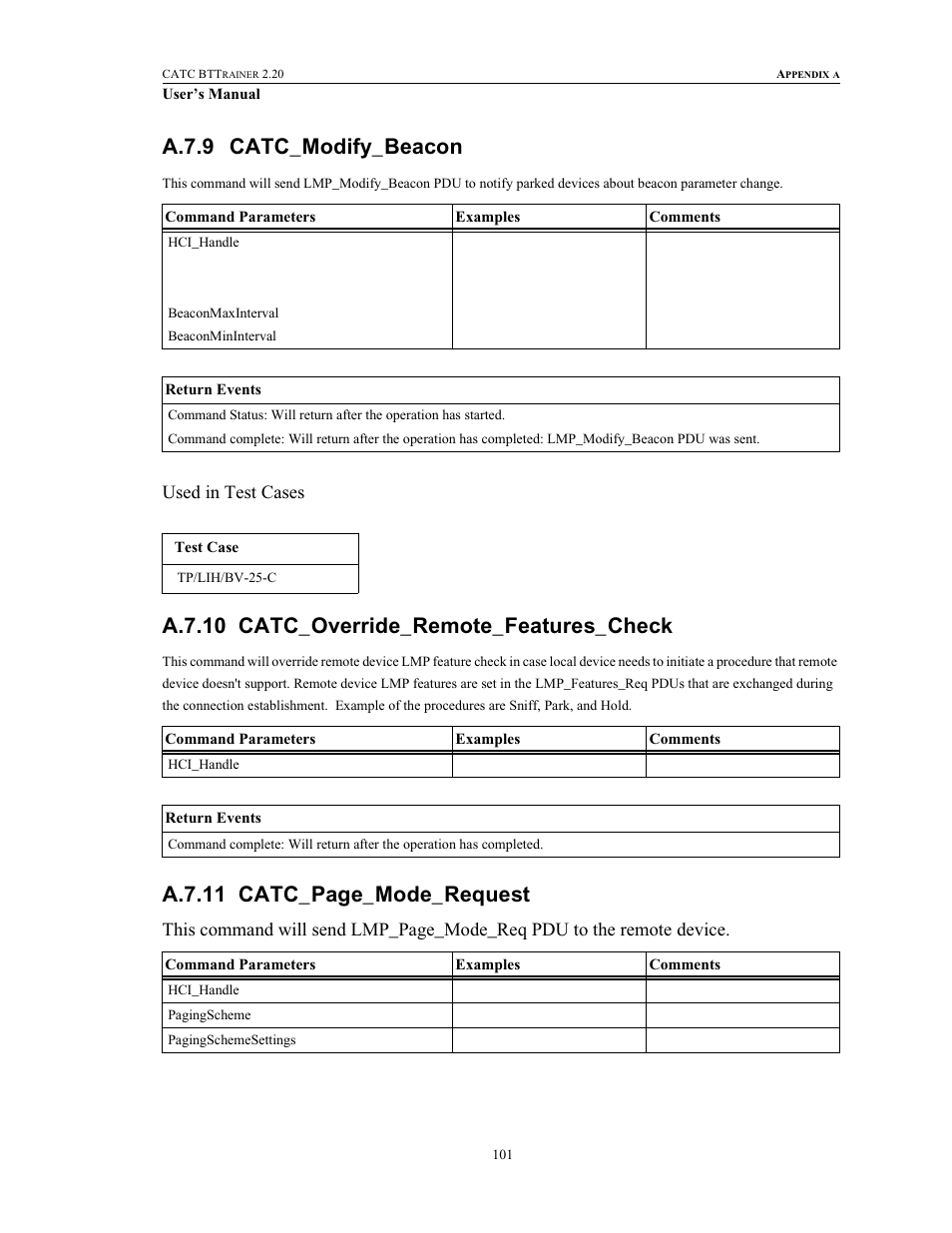 A.7.9 catc_modify_beacon, A.7.10 catc_override_remote_features_check, A.7.11 catc_page_mode_request | Teledyne LeCroy BTTracer_Trainer - BTTrainer Users Manual User Manual | Page 119 / 336