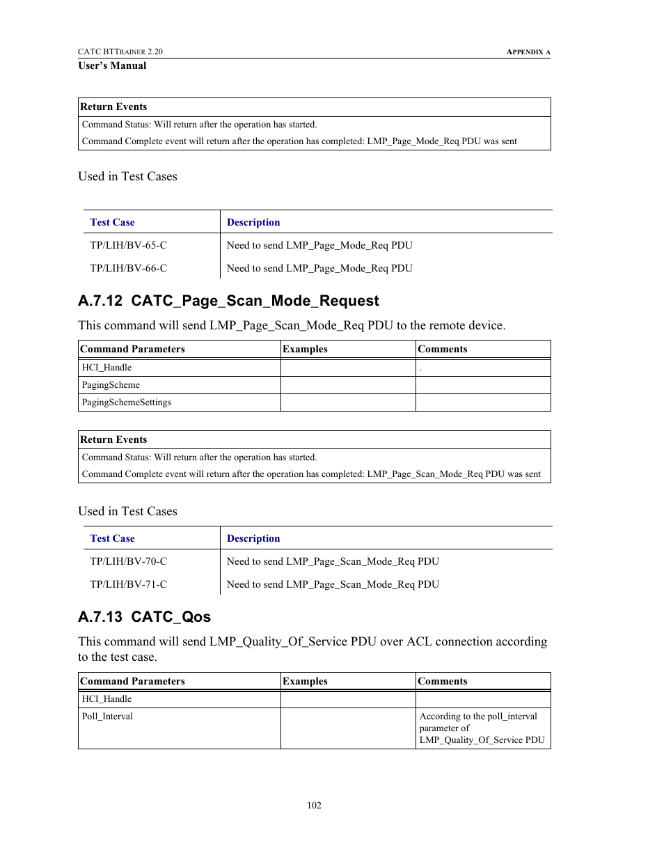 A.7.13 catc_qos, A.7.12 catc_page_scan_mode_request | Teledyne LeCroy BTTracer_Trainer - BTTrainer Users Manual User Manual | Page 120 / 336