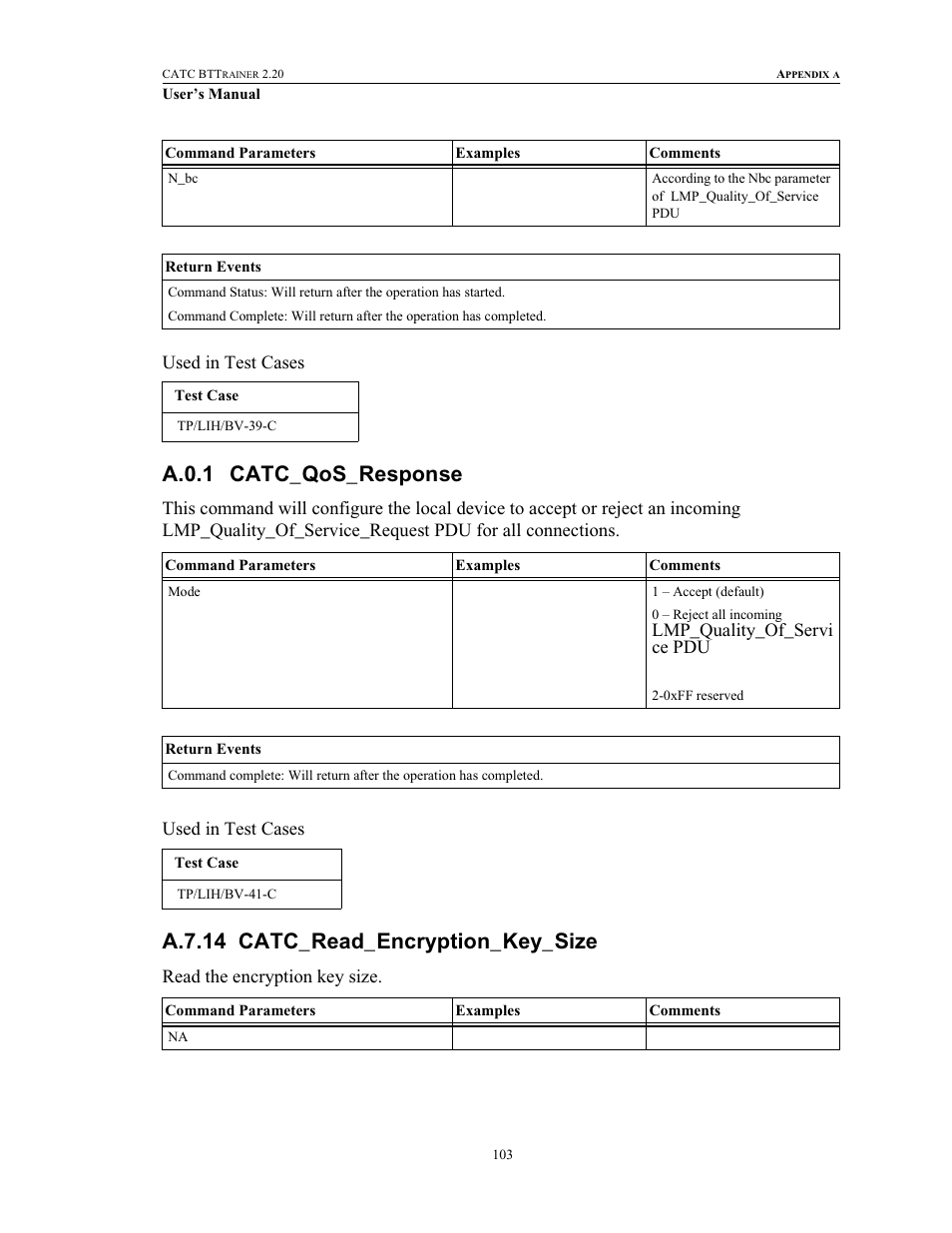 A.0.1 catc_qos_response, A.7.14 catc_read_encryption_key_size, Catc_qos_response catc_read_encryption_key_size | Teledyne LeCroy BTTracer_Trainer - BTTrainer Users Manual User Manual | Page 121 / 336