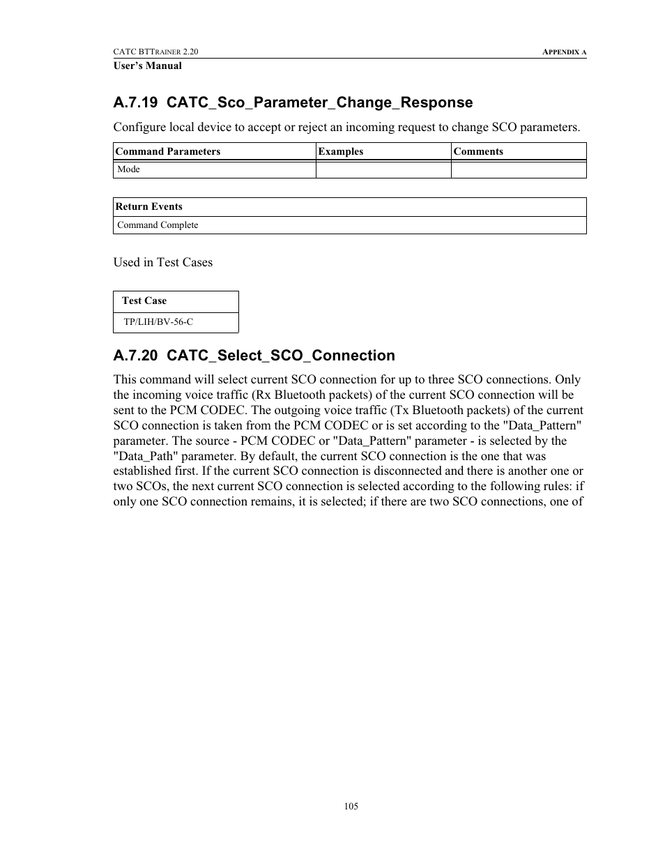 A.7.19 catc_sco_parameter_change_response, A.7.20 catc_select_sco_connection | Teledyne LeCroy BTTracer_Trainer - BTTrainer Users Manual User Manual | Page 123 / 336
