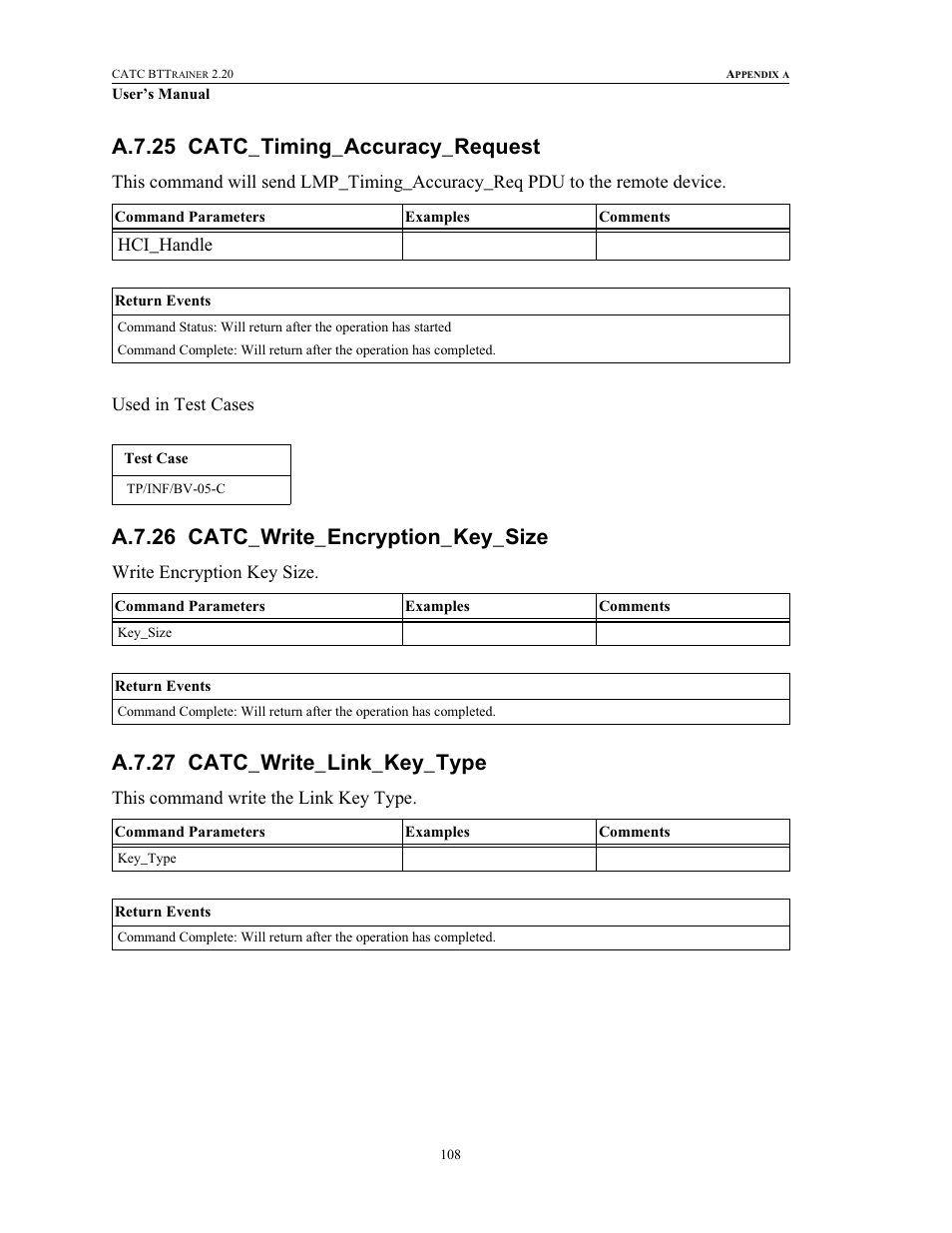 A.7.25 catc_timing_accuracy_request, A.7.26 catc_write_encryption_key_size, A.7.27 catc_write_link_key_type | Catc_write_link_key_type | Teledyne LeCroy BTTracer_Trainer - BTTrainer Users Manual User Manual | Page 126 / 336