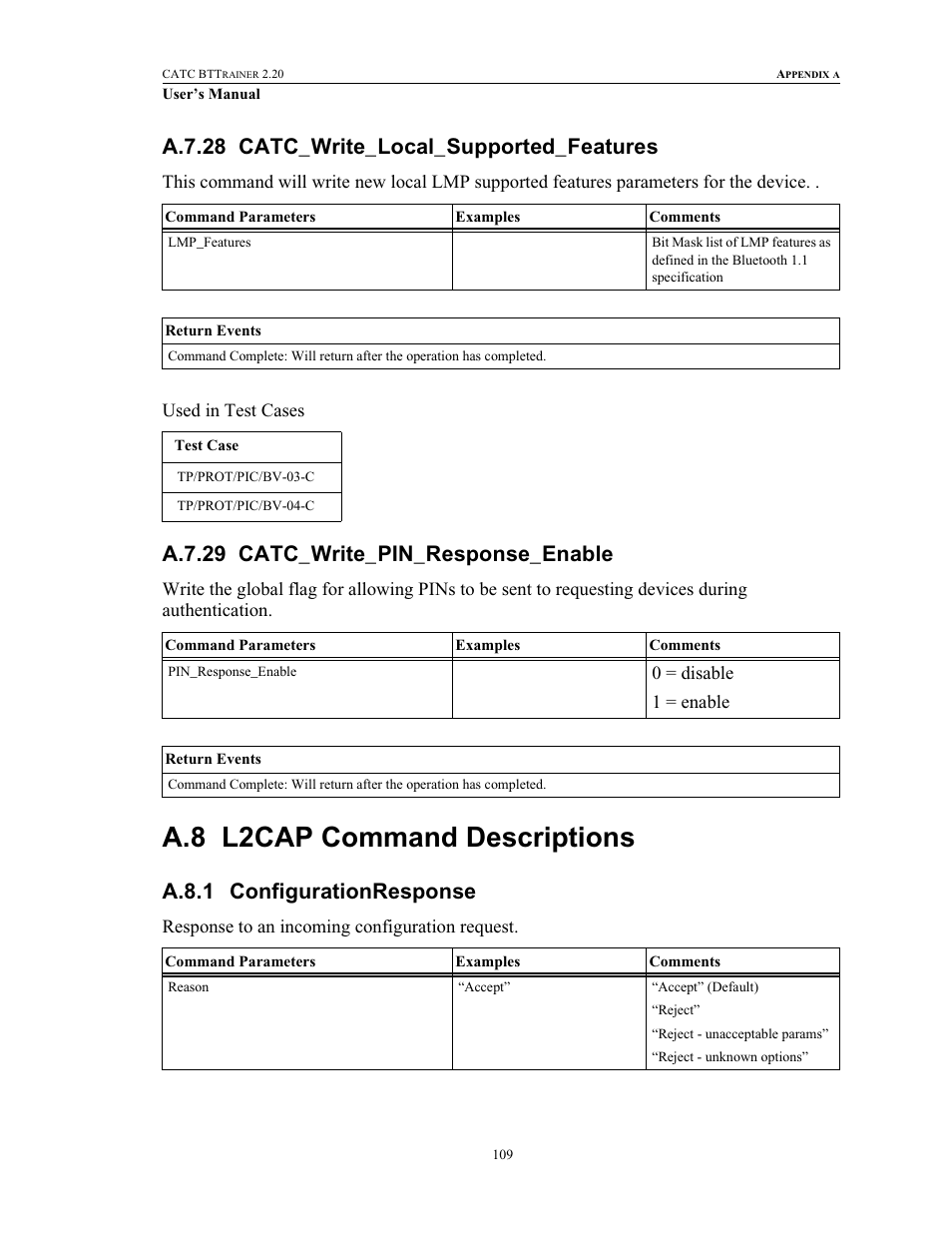 A.7.28 catc_write_local_supported_features, A.7.29 catc_write_pin_response_enable, A.8 l2cap command descriptions | A.8.1 configurationresponse, L2cap command descriptions, Configurationresponse | Teledyne LeCroy BTTracer_Trainer - BTTrainer Users Manual User Manual | Page 127 / 336