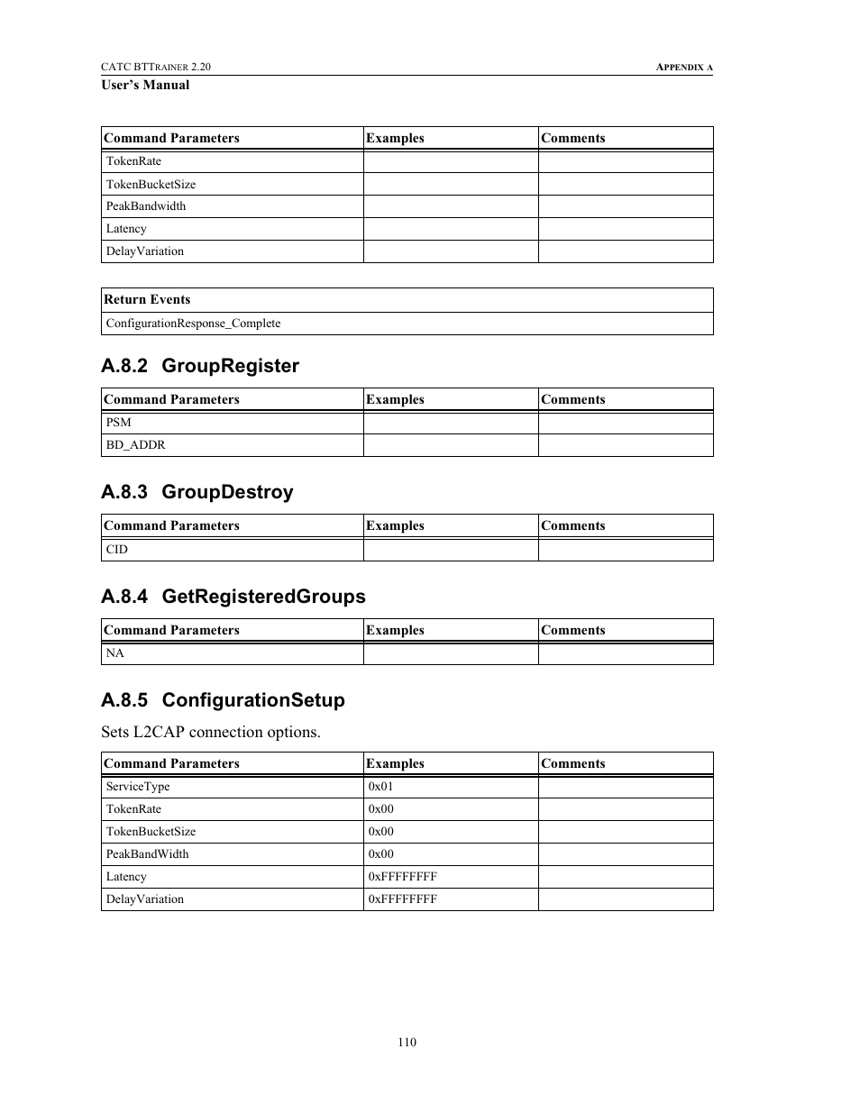 A.8.2 groupregister, A.8.3 groupdestroy, A.8.4 getregisteredgroups | A.8.5 configurationsetup, Sets l2cap connection options | Teledyne LeCroy BTTracer_Trainer - BTTrainer Users Manual User Manual | Page 128 / 336
