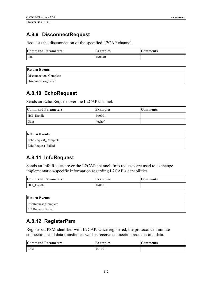 A.8.9 disconnectrequest, A.8.10 echorequest, A.8.11 inforequest | A.8.12 registerpsm | Teledyne LeCroy BTTracer_Trainer - BTTrainer Users Manual User Manual | Page 130 / 336