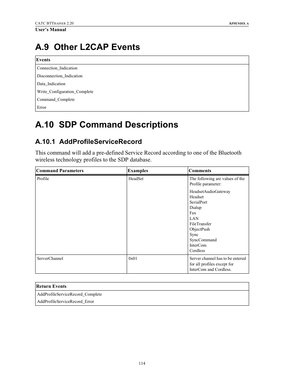 A.9 other l2cap events, A.10 sdp command descriptions, A.10.1 addprofileservicerecord | Other l2cap events sdp command descriptions, Addprofileservicerecord | Teledyne LeCroy BTTracer_Trainer - BTTrainer Users Manual User Manual | Page 132 / 336