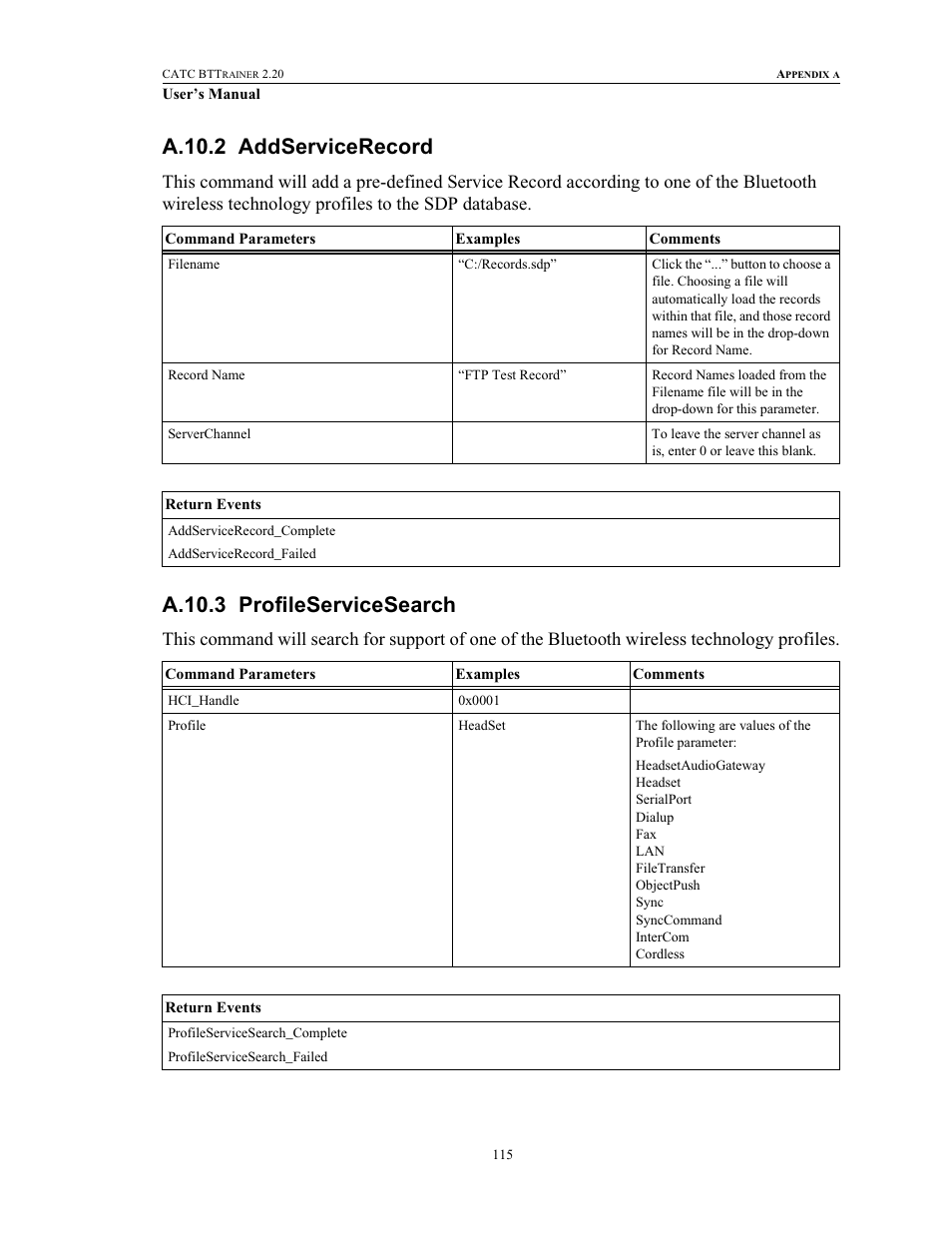 A.10.2 addservicerecord, A.10.3 profileservicesearch, Addservicerecord profileservicesearch | Teledyne LeCroy BTTracer_Trainer - BTTrainer Users Manual User Manual | Page 133 / 336