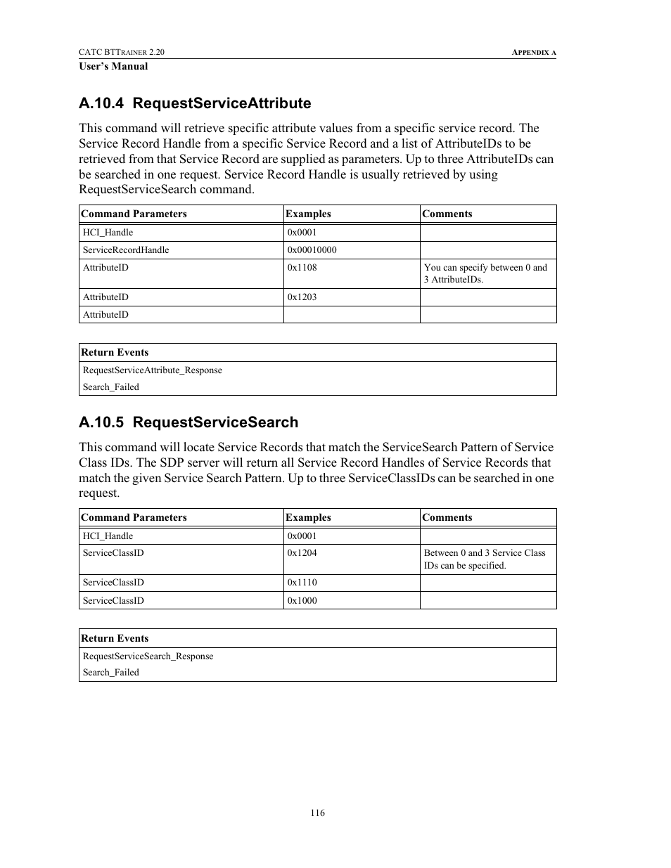 A.10.4 requestserviceattribute, A.10.5 requestservicesearch, Requestserviceattribute requestservicesearch | Teledyne LeCroy BTTracer_Trainer - BTTrainer Users Manual User Manual | Page 134 / 336