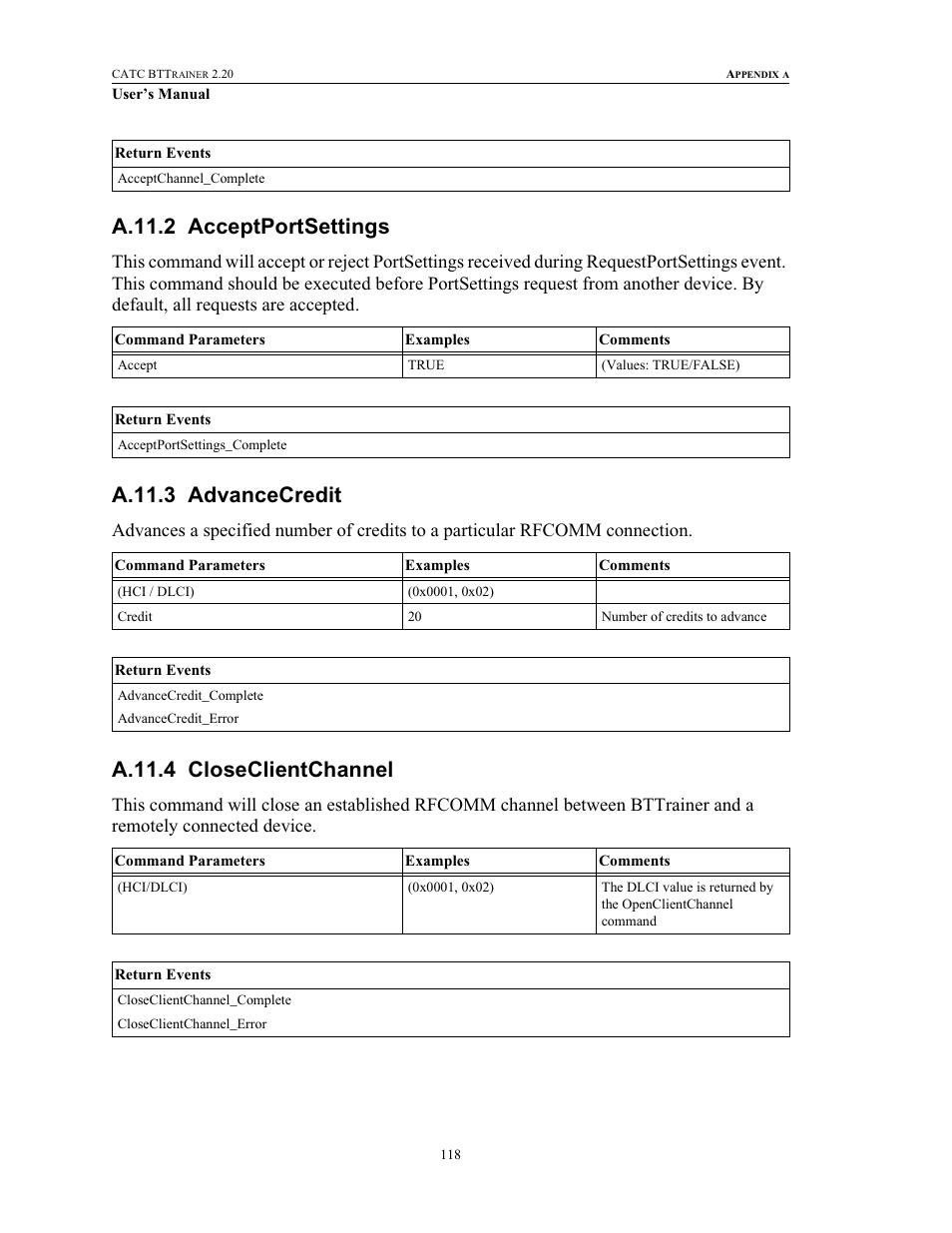 A.11.2 acceptportsettings, A.11.3 advancecredit, A.11.4 closeclientchannel | Teledyne LeCroy BTTracer_Trainer - BTTrainer Users Manual User Manual | Page 136 / 336