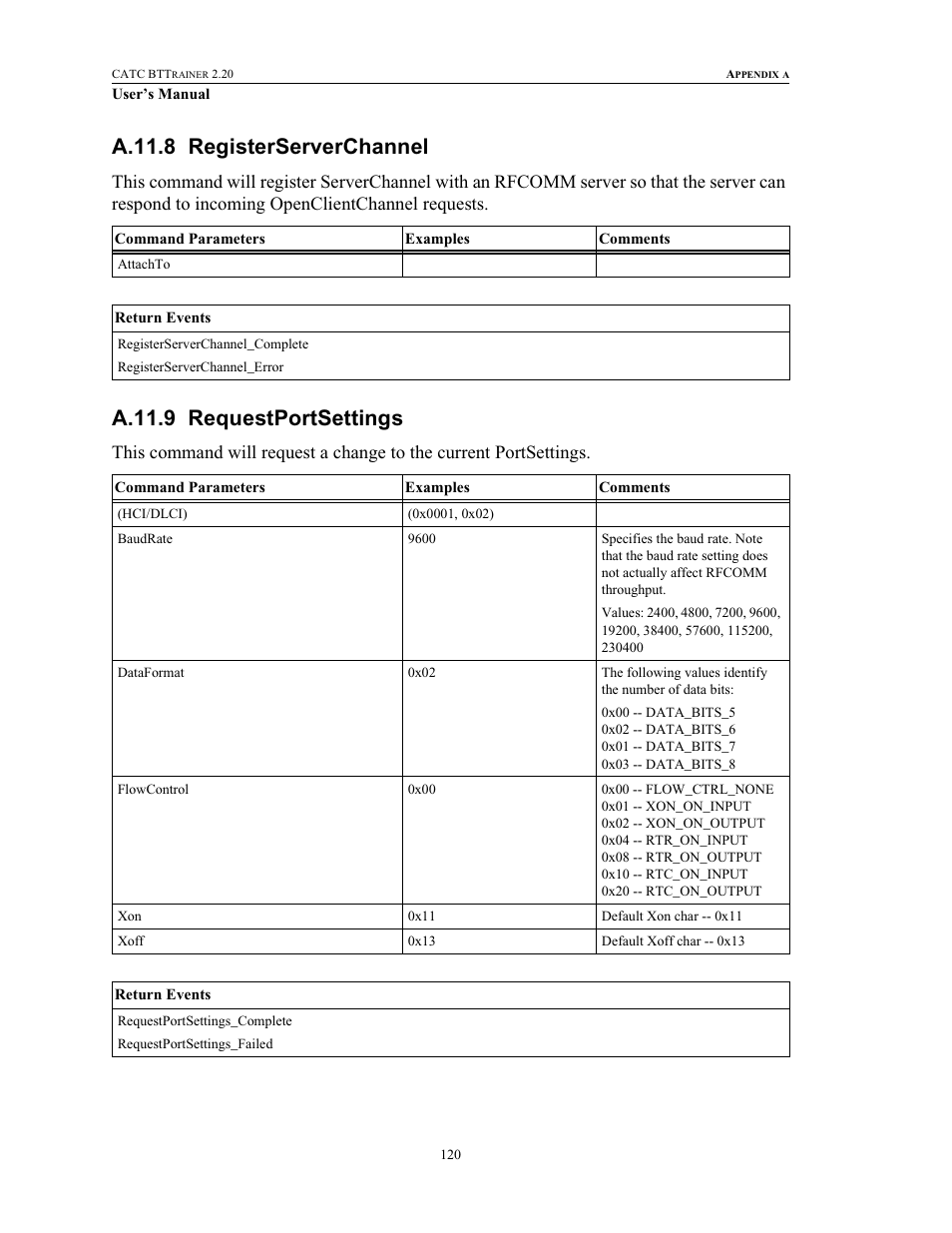 A.11.8 registerserverchannel, A.11.9 requestportsettings, Registerserverchannel requestportsettings | Teledyne LeCroy BTTracer_Trainer - BTTrainer Users Manual User Manual | Page 138 / 336