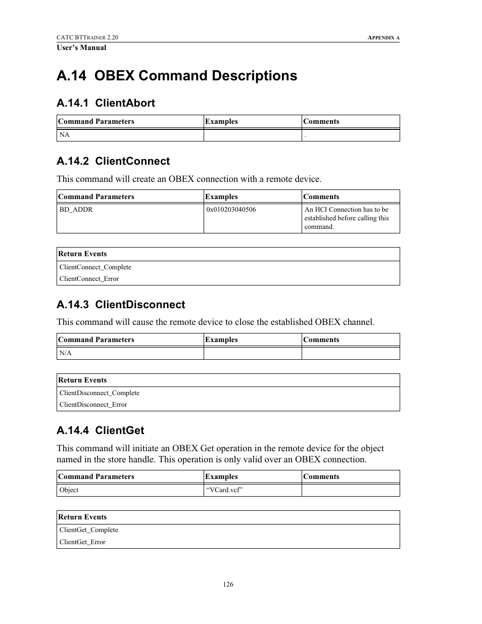 A.14 obex command descriptions, A.14.1 clientabort, A.14.2 clientconnect | A.14.3 clientdisconnect, A.14.4 clientget, Obex command descriptions | Teledyne LeCroy BTTracer_Trainer - BTTrainer Users Manual User Manual | Page 144 / 336